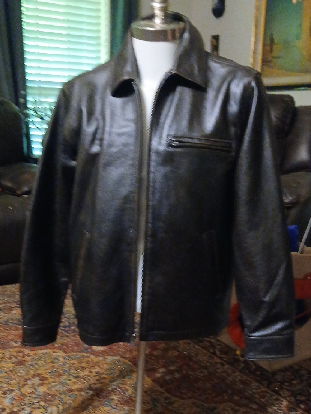Cherokee Black Leather Zip-Up Bomber Jacket, Mens Sz.Med.